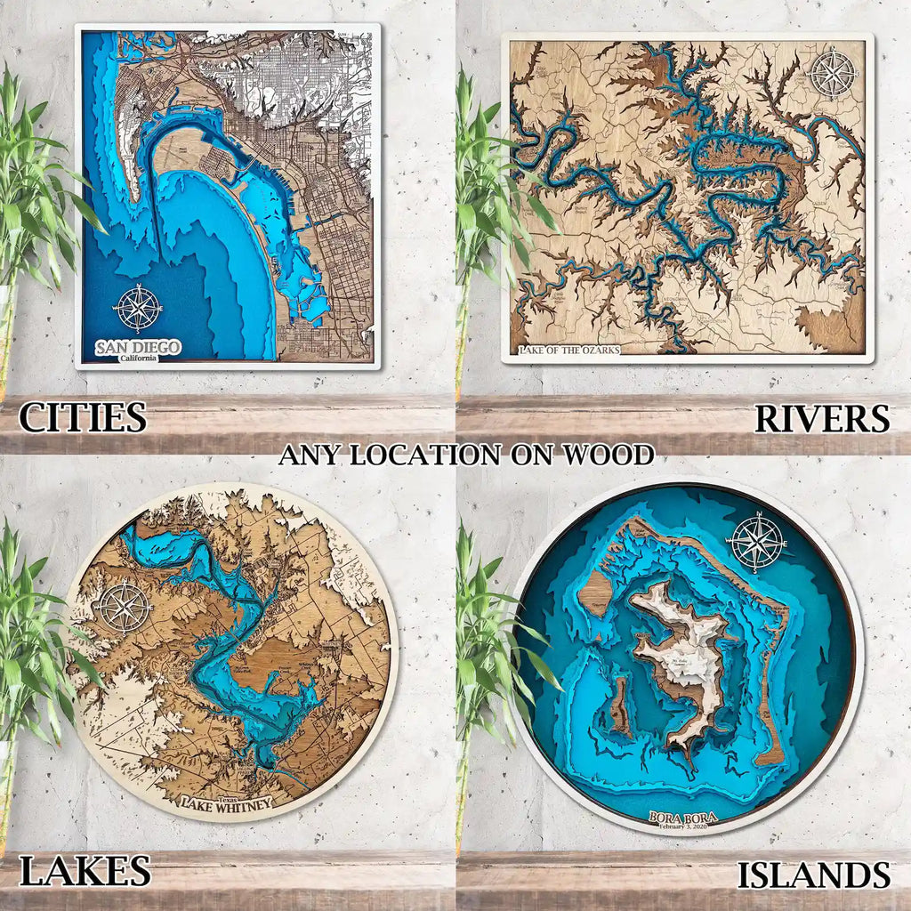 Handcrafted 3D wooden map wall art hanging in living room