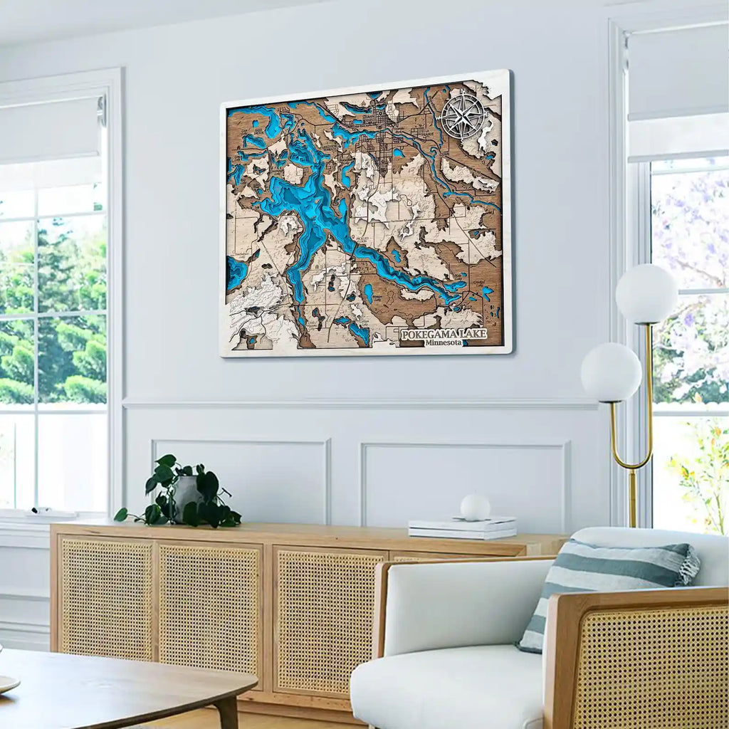 Custom 3D wooden map wall art displayed in modern living room interior