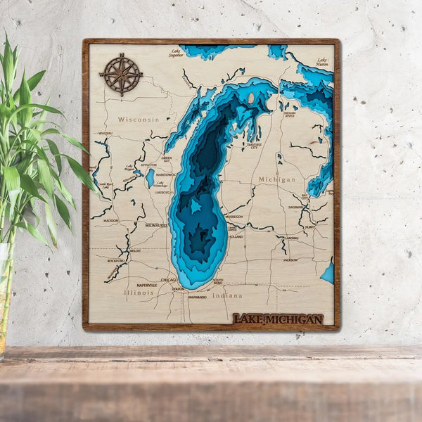 Lake Michigan 3D wooden map wall art with detailed laser-cut layers