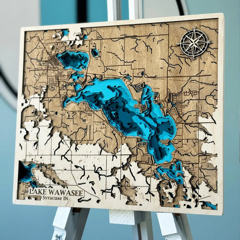 Handcrafted 3D wooden map of Lake Wawasee, Indiana.