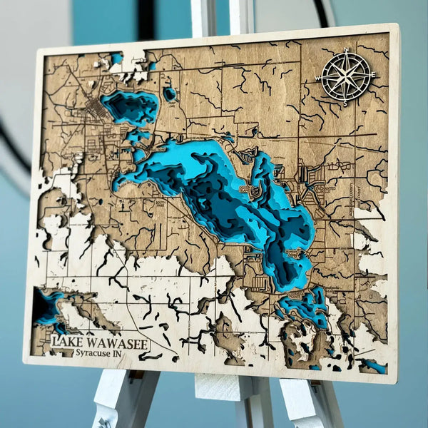 Handcrafted 3D wooden map of Lake Wawasee, Indiana.