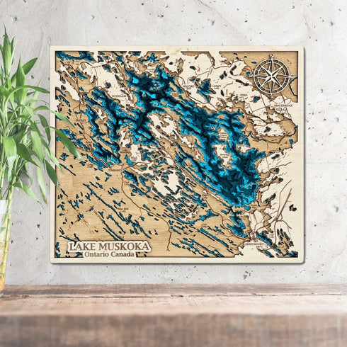 3D layered wooden map of Lake Muskoka Ontario wall art
