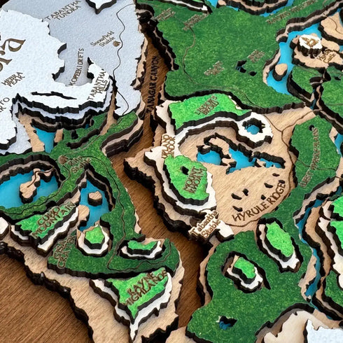Custom Zelda map decor – laser cut wooden map of Hyrule Kingdom with detailed topography