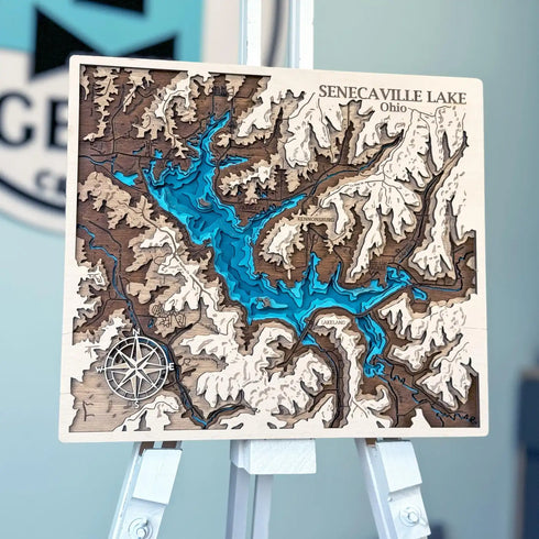 3D wooden map of Senecaville Lake Ohio with layered topographic shoreline
