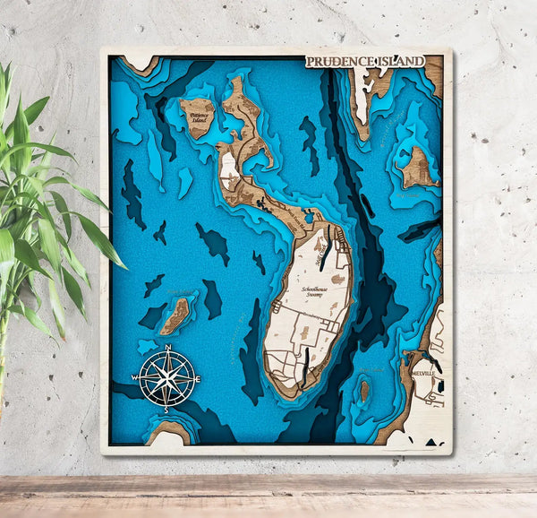 Handcrafted 3D wooden map of Prudence Island, Rhode Island with layered design.