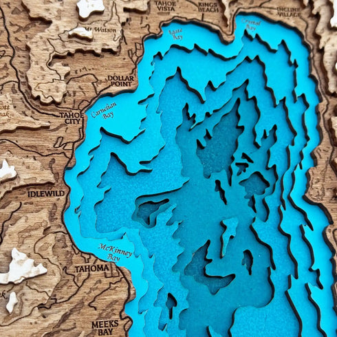 Round Lake Tahoe topographic wooden map — custom engraving for cabin wall decor