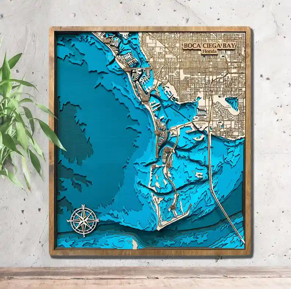 3D wooden map of Boca Ciega Bay Florida with layered topographic design.