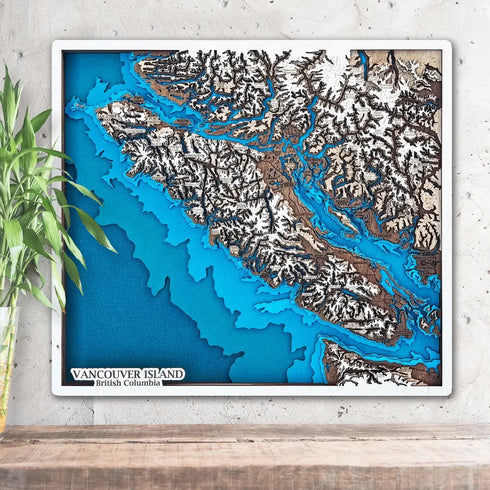 3D wooden map of Vancouver Island, British Columbia with layered topographic design