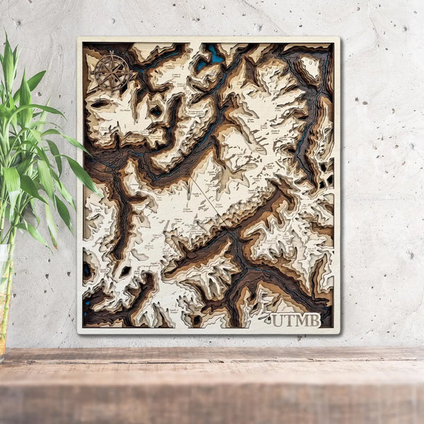 Handcrafted 3D wooden map of UTMB France showing Mont-Blanc topography.