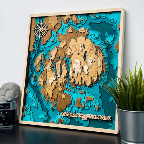 3D wooden map of Acadia National Park Maine with engraved mountains and islands