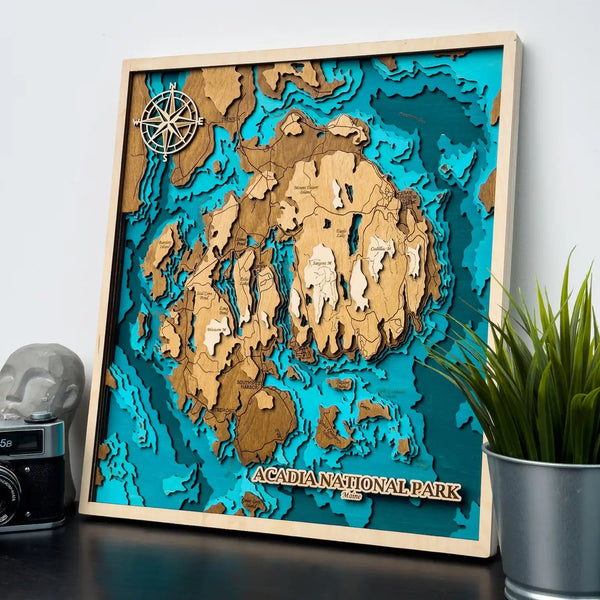 3D wooden map of Acadia National Park Maine with engraved mountains and islands