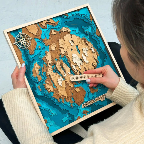 Handcrafted wood wall art showing Mount Desert Island and coastal details