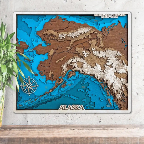 Alaska 3D wooden map showing state topography and coastline