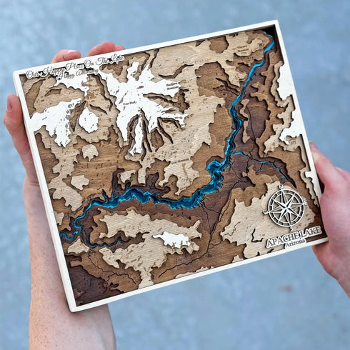 3D wooden map of Apache Lake Arizona with layered topographic design