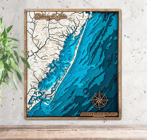 Assateague Island Maryland 3D wooden map with layered coastal detail