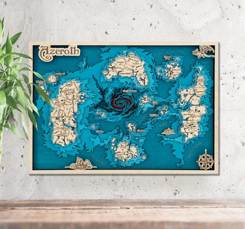 Handcrafted 3D wooden map of Azeroth with layered fantasy design.