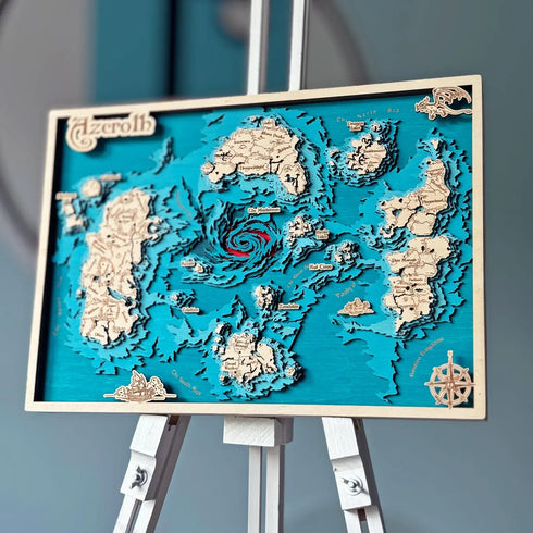 Side view of Azeroth wooden map showing detailed continents and seas.