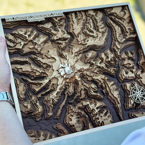 Handcrafted wooden wall art featuring Mount Rainier’s trails and peaks.