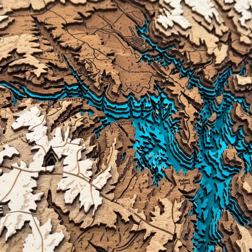 Close-up of Badin Lake 3D wooden map highlighting layered water depth