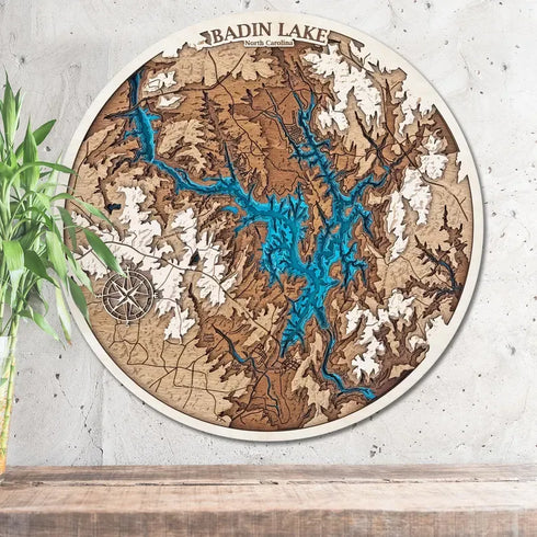 Badin Lake North Carolina 3D wooden map with layered shoreline detail