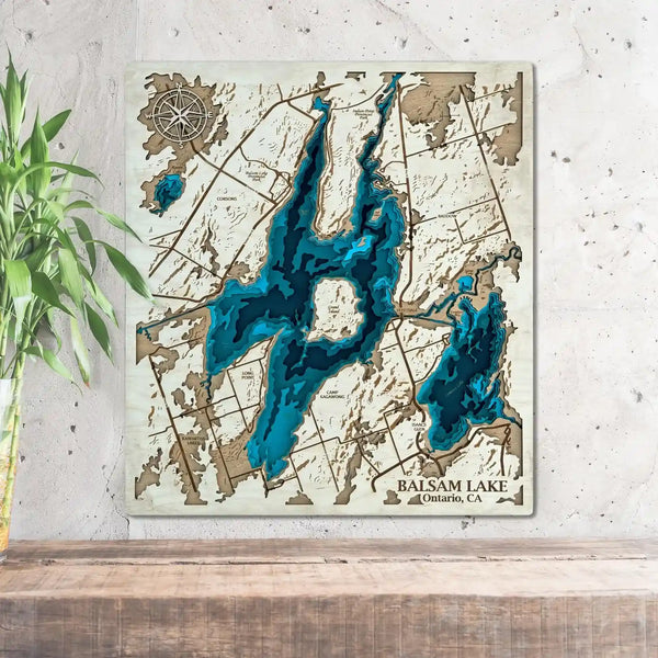 3D wooden map of Balsam Lake Ontario with engraved shoreline and depth layers