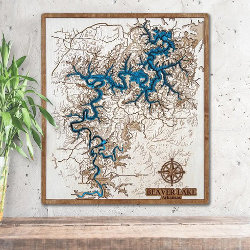 Beaver Lake Arkansas 3D wooden map with layered reservoir detail