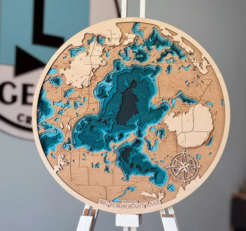 3D wooden map of Big Cormorant Lake Minnesota with compass rose design