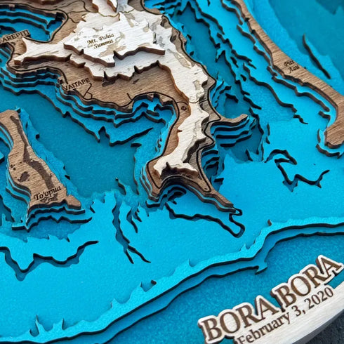 Close-up of Bora Bora wooden wall art highlighting Mt. Otemanu and motus