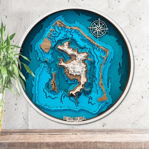 Bora Bora 3D wooden map showing lagoon and volcanic island detail