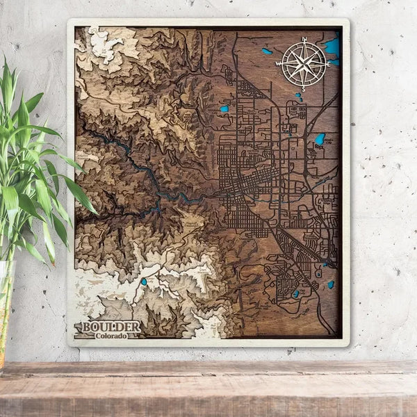 3D wooden map of Boulder Colorado with engraved streets and mountain relief