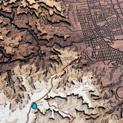 Close up of Boulder wooden map with detailed topographic engraving