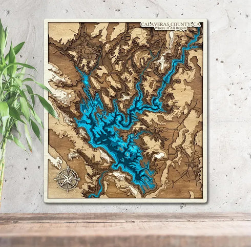 3D wooden map of Calaveras County Lake in California with layered blue waters.