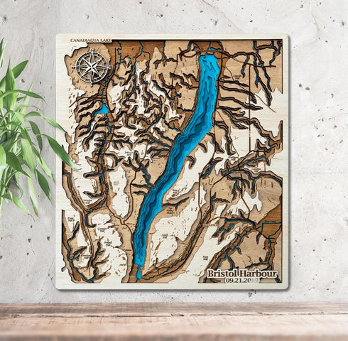 3D wooden map of Canandaigua Lake New York on wall display