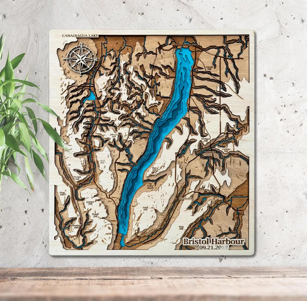 3D wooden map of Canandaigua Lake New York on wall display