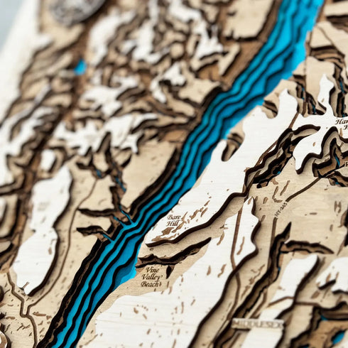 Close-up of layered wood details showing Canandaigua Lake topography