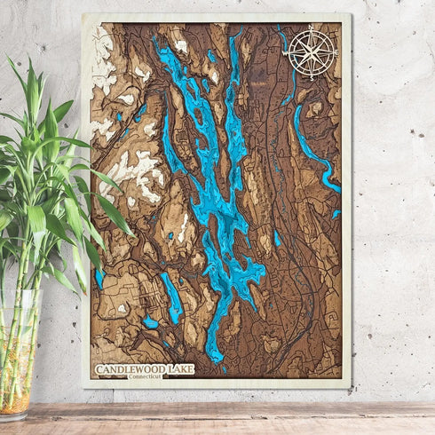 3D wooden map of Candlewood Lake Connecticut on wall