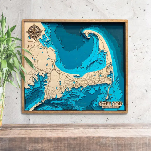 Handcrafted 3D wooden map of Cape Cod Massachusetts with coastal detail