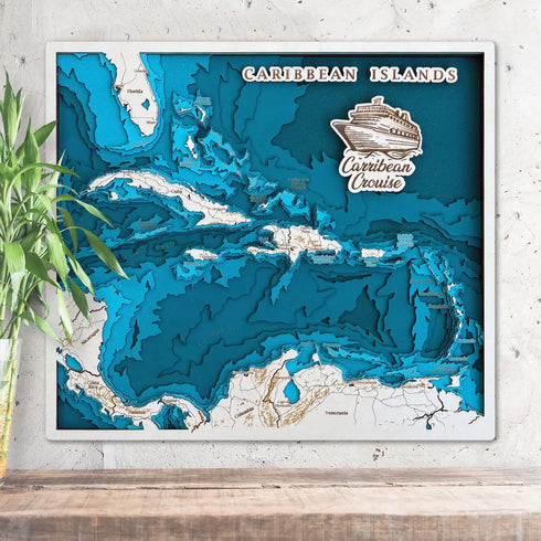 Handmade wooden wall art of the Caribbean cruise routes and islands