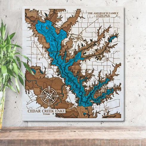 3D wooden map of Cedar Creek Lake Texas with engraved shoreline details