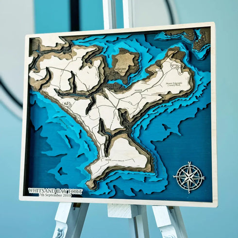 3D wooden map of Whitsand Bay Fort, Cornwall, showing coastal contours.