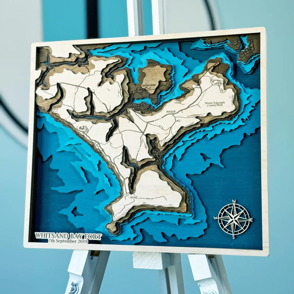 3D wooden map of Whitsand Bay Fort, Cornwall, showing coastal contours.