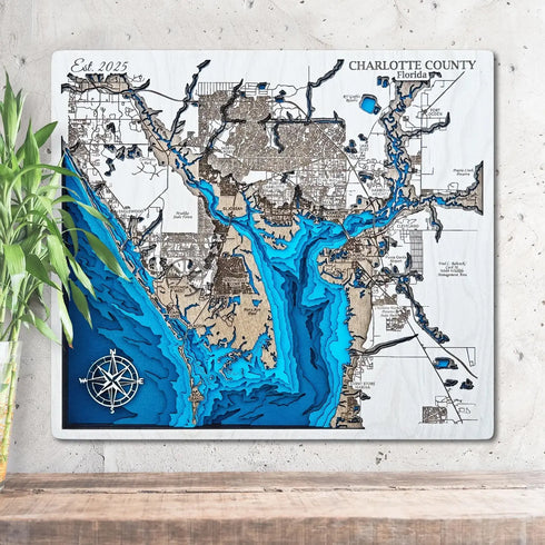 Custom 3D wooden map of Charlotte County Florida with coastal details