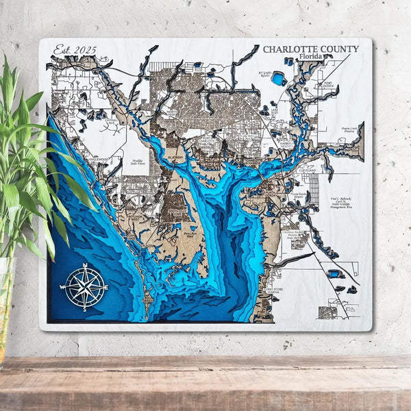 Custom 3D wooden map of Charlotte County Florida with coastal details
