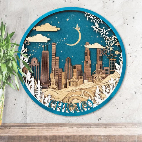 3D wooden skyline map of Chicago with engraved buildings and landmarks