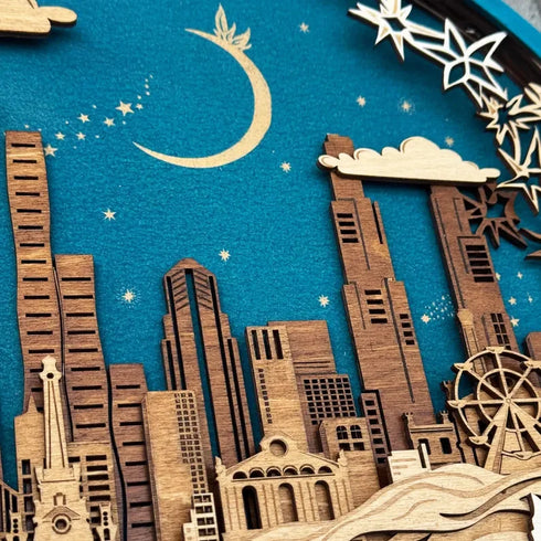 Close up of Chicago wooden skyline with engraved architectural details
