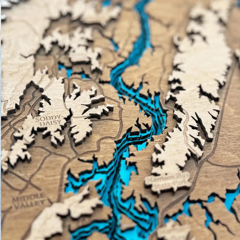 Close-up of Chickamauga Lake wooden map highlighting Harrison Bay State Park