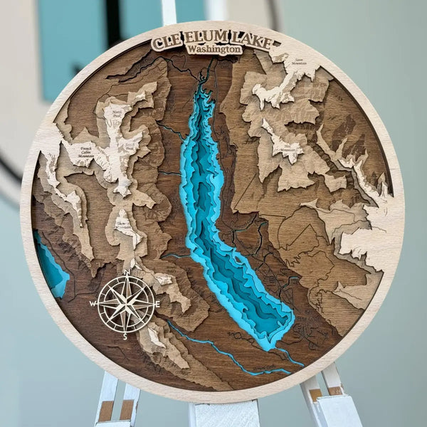 3D wooden map of Cle Elum Lake Washington with layered topographic design