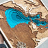 Close-up of Clear Lake wooden map with layered wood detail