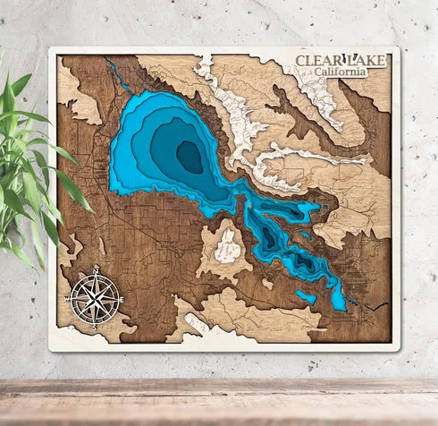Clear Lake California 3D wooden map with layered topographic depth
