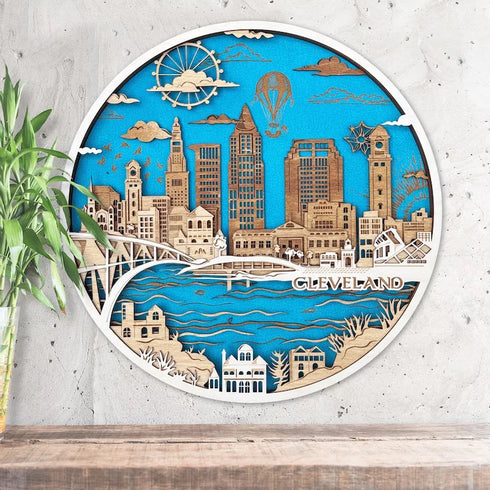 3D wooden skyline map of Cleveland Ohio with Lake Erie waterfront